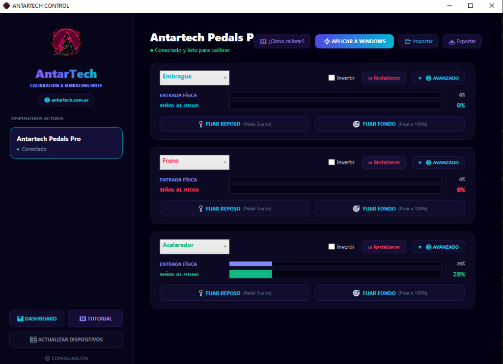 AntarTech Control — Calibración & SimRacing Suite Interface
